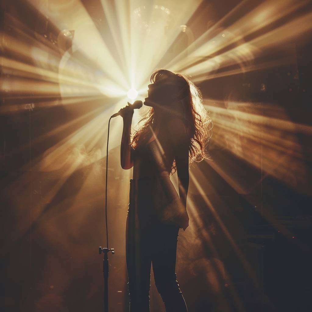 A woman singing and standing in a concert stage with a bright light in the background.