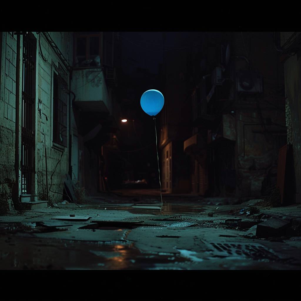 Handheld tracking shot at night, following a dirty blue balloon floating above the ground in an abandoned old European street.