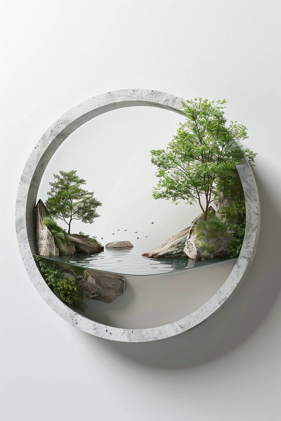 リング形状の等尺性写実的なランドスケープ3Dレンダリング、中立的な灰白の背景、リング形状内に美しい自然を示すサークル