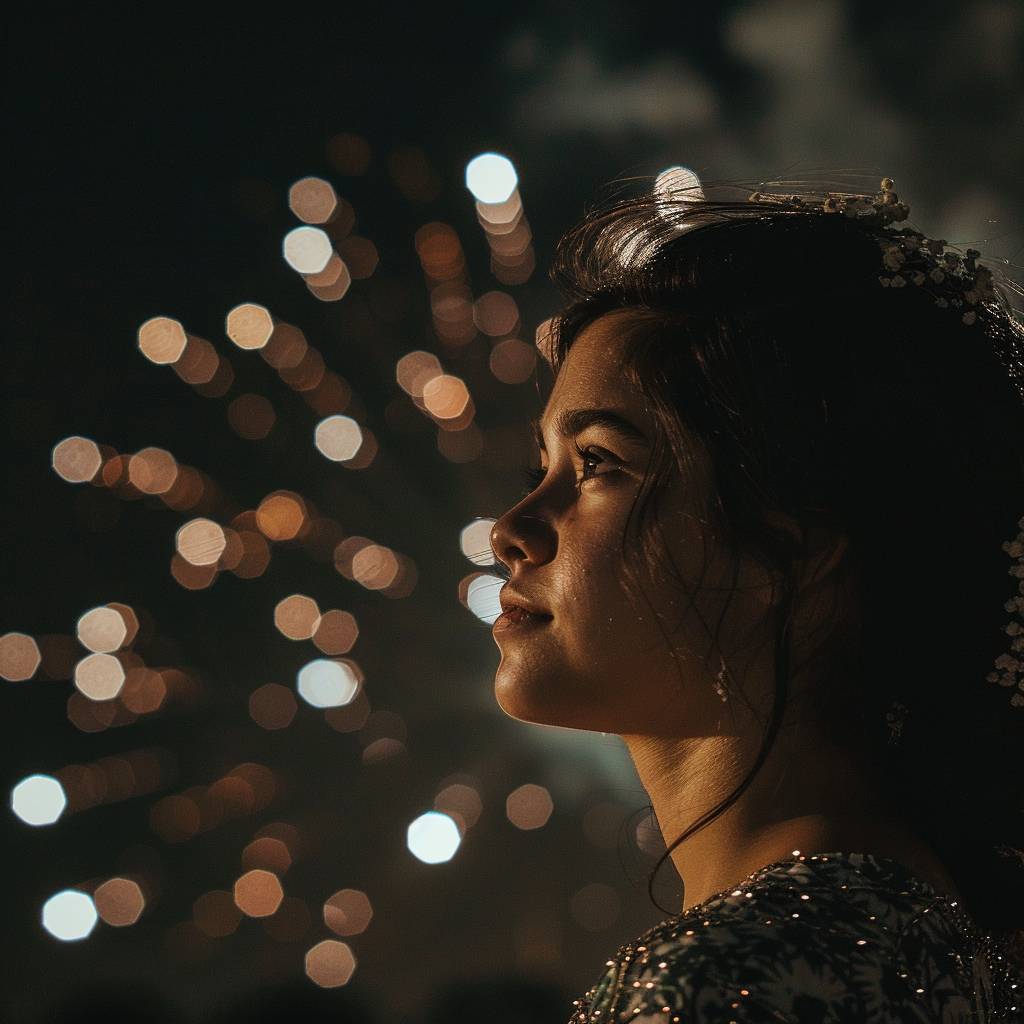 A side profile shot of a woman with fireworks exploding in the distance beyond her.