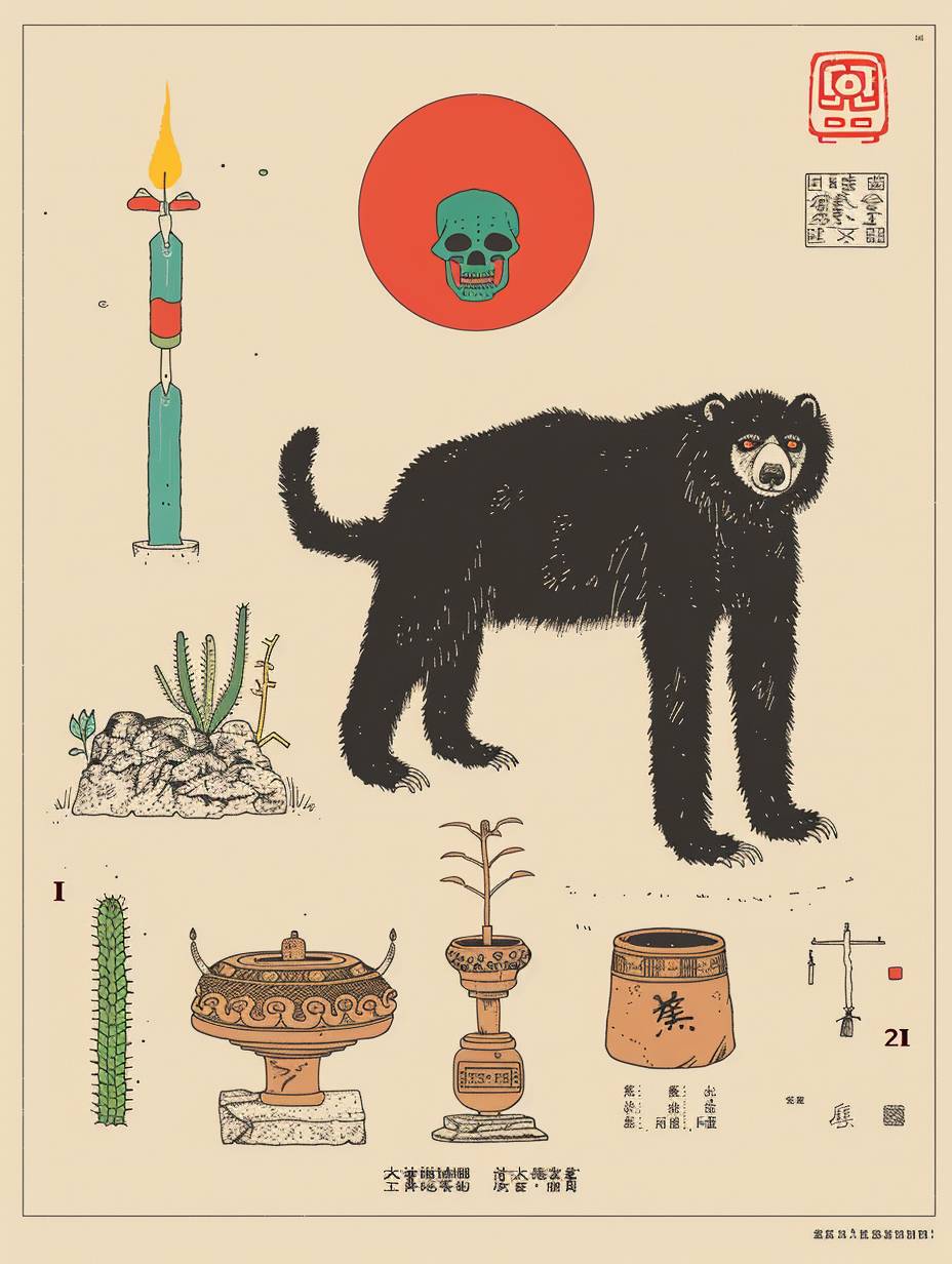 Knolling sun bear Tibet iconography icon by Jiro Kuwata