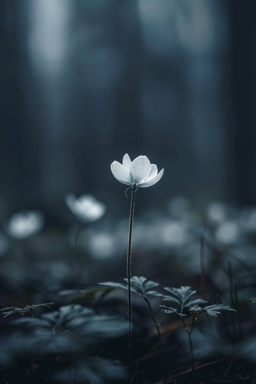 Macro photography by Nathan Wirth, aesthetic beautiful white details, object on focus, dark forest background, beautiful, minimalist