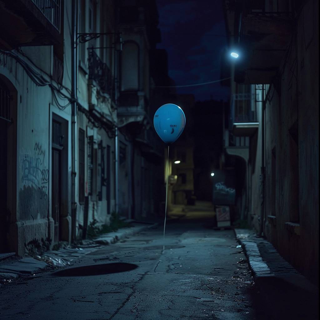夜、手持ち撮影、脏な青い風船が古びたヨーロッパの通りを浮遊している様子を追跡。