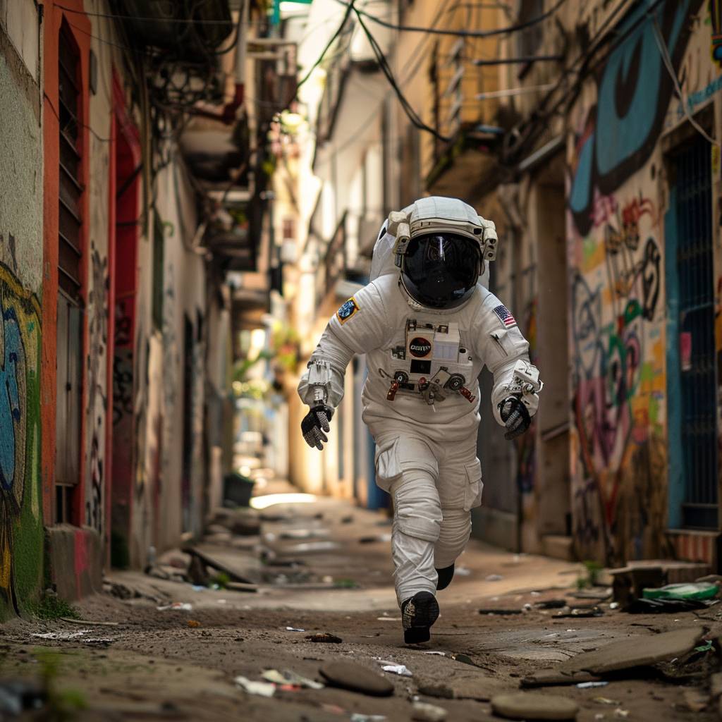 An astronaut running through an alley in Rio de Janeiro.