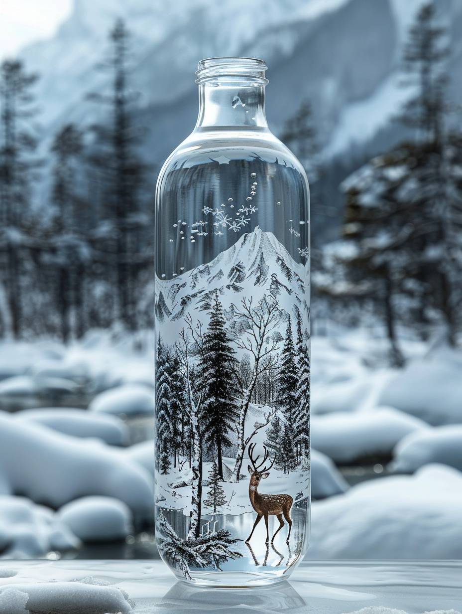 A white transparent glass water bottle with birch trees, snow-capped mountains and sika deer printed on the bottle. The water bottle is placed on a white scene. Product photography style, ultra-high-definition quality