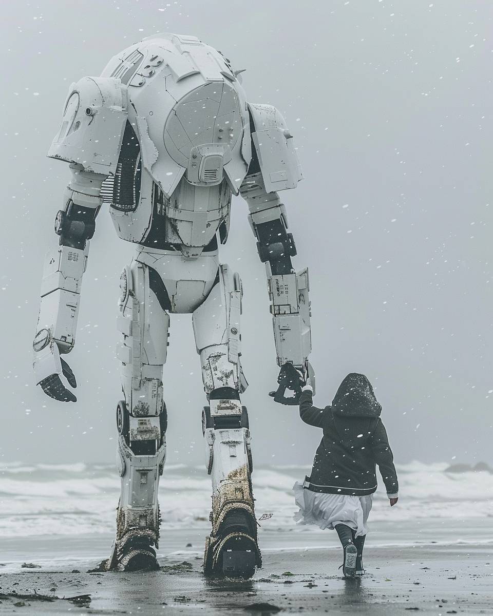 吹雪の中、ビーチを歩く白いヒューマノイドロボットの全身アーマー、大きな頭を持つ写真です。片手を横にしています。ロボットは長いパンツとブーツを着用し、ヘルメットやマスクはありません。横を歩くのは、スター・ウォーズのプリンセス・レイアに扮した若い女の子で、彼女もゴミ材料や布で作られた衣装を着用しています。両者ともに風合いがあります。この写真は、キヤノンEOS R5カメラとRF 80mm f/2レンズを使用して撮影され、写真のようなハイパーリアリスティックな写真が作成されました。