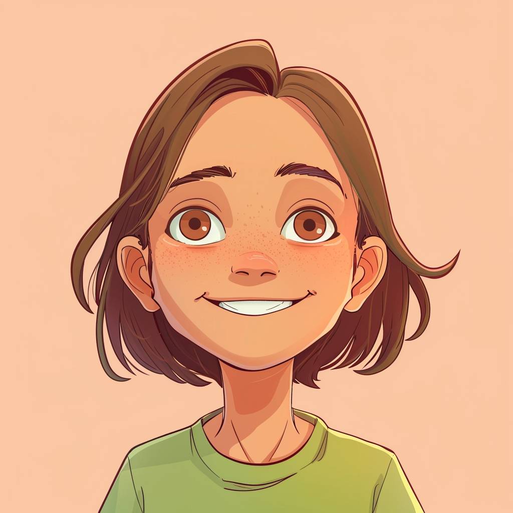 A portrait of a smiling kid looking directly at the camera, in the art style of Raina Telgemeier. Bright, cheerful expression, clean lines, vibrant colors. Simple background, cartoon style, detailed facial features, flat design.