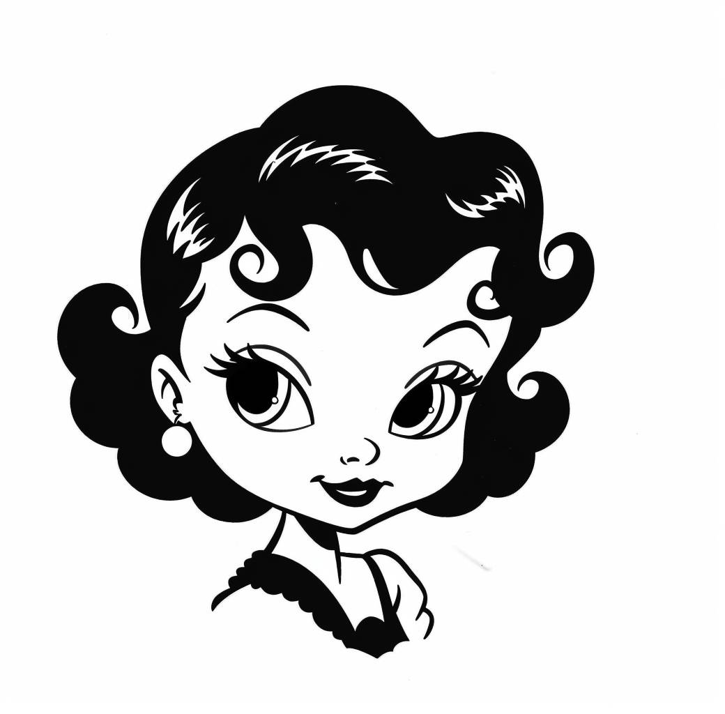 A cute black and white line art of Betty Boop, in the style of clipart, on a solid background.