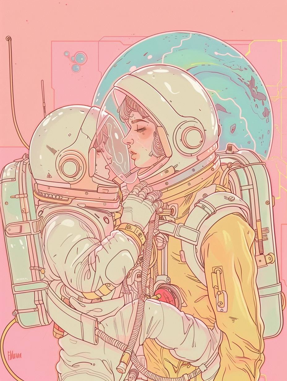 A beautiful woman in an astronaut suit holding a baby astronaut, rocking him, with a moon and galaxy in the background