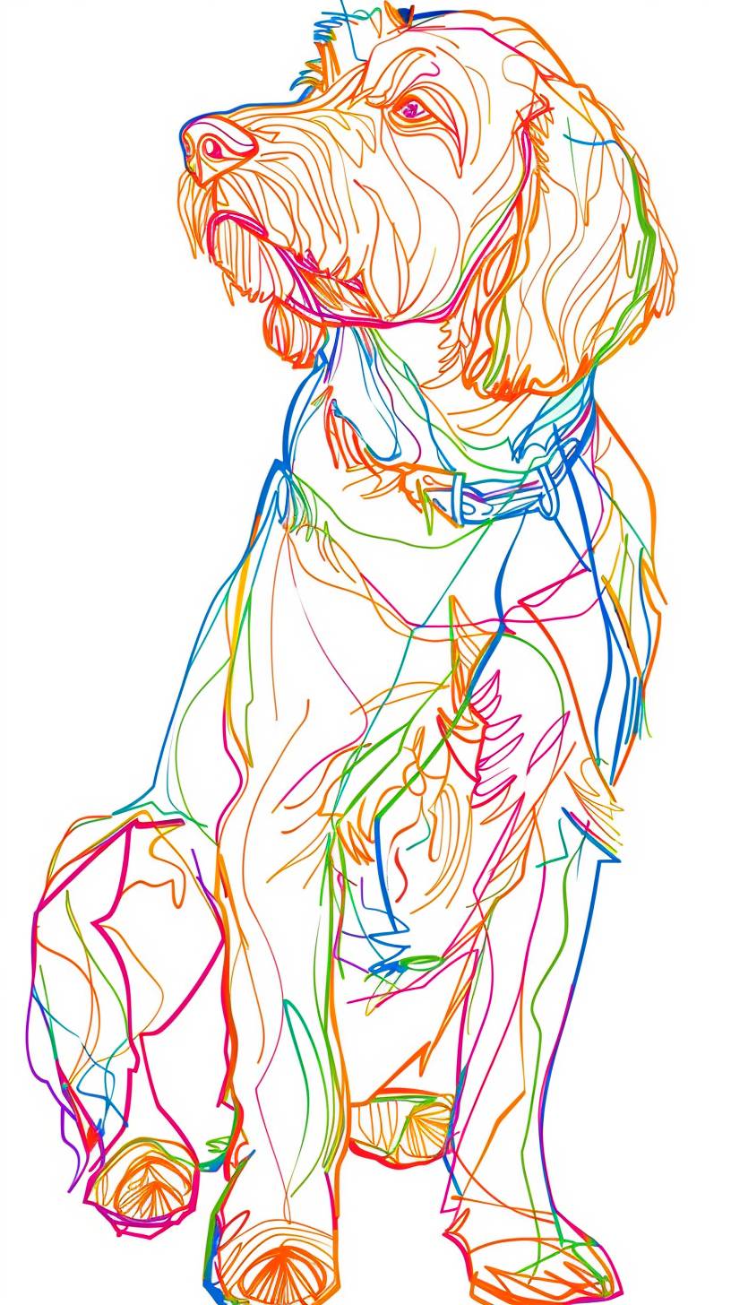 A drawing of a Goldendoodle dog showing the full body, in one-line drawing, figure outline only, single line, simple, in the style of one-line, single line drawing, black line on white background, colorful, no background, clean lines, minimalistic, simple, Picasso one line drawing war and peace style