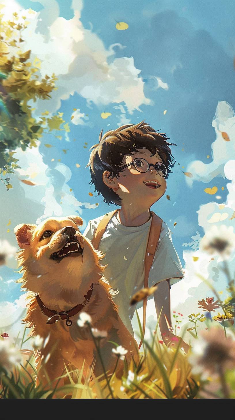 Hand drawn animation scene directed by Hayao Miyazaki, anime, a boy with glasses with his dog running in a field, the dog is a yellow chow chow, the boy wears glasses and a big shirt, in the style of Studio Ghibli.