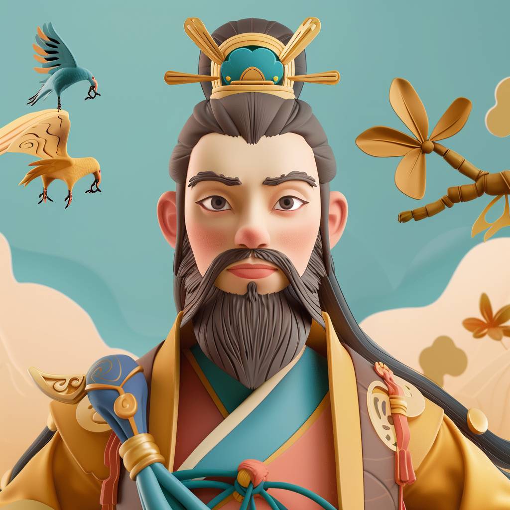 Create a series of 3D cartoon-style character portraits and half-body images inspired by ancient Chinese poets. Use a soft and vibrant color palette based on the provided theme colors: #F9E7EC, #FBC6A9, #F69A8D, #FAA54A, #72CCD4. The characters should embody a blend of historical elegance and modern animation aesthetics, suitable for an educational app on Chinese poetry. Each character should have distinct features that reflect their poetic style and era, with a friendly and approachable expression. The background is transparent, and it is required that the portrait of the character must not exceed the image. The image should fully display the task avatar, including hair and various accessories. All characters are male, with a maximum of four.