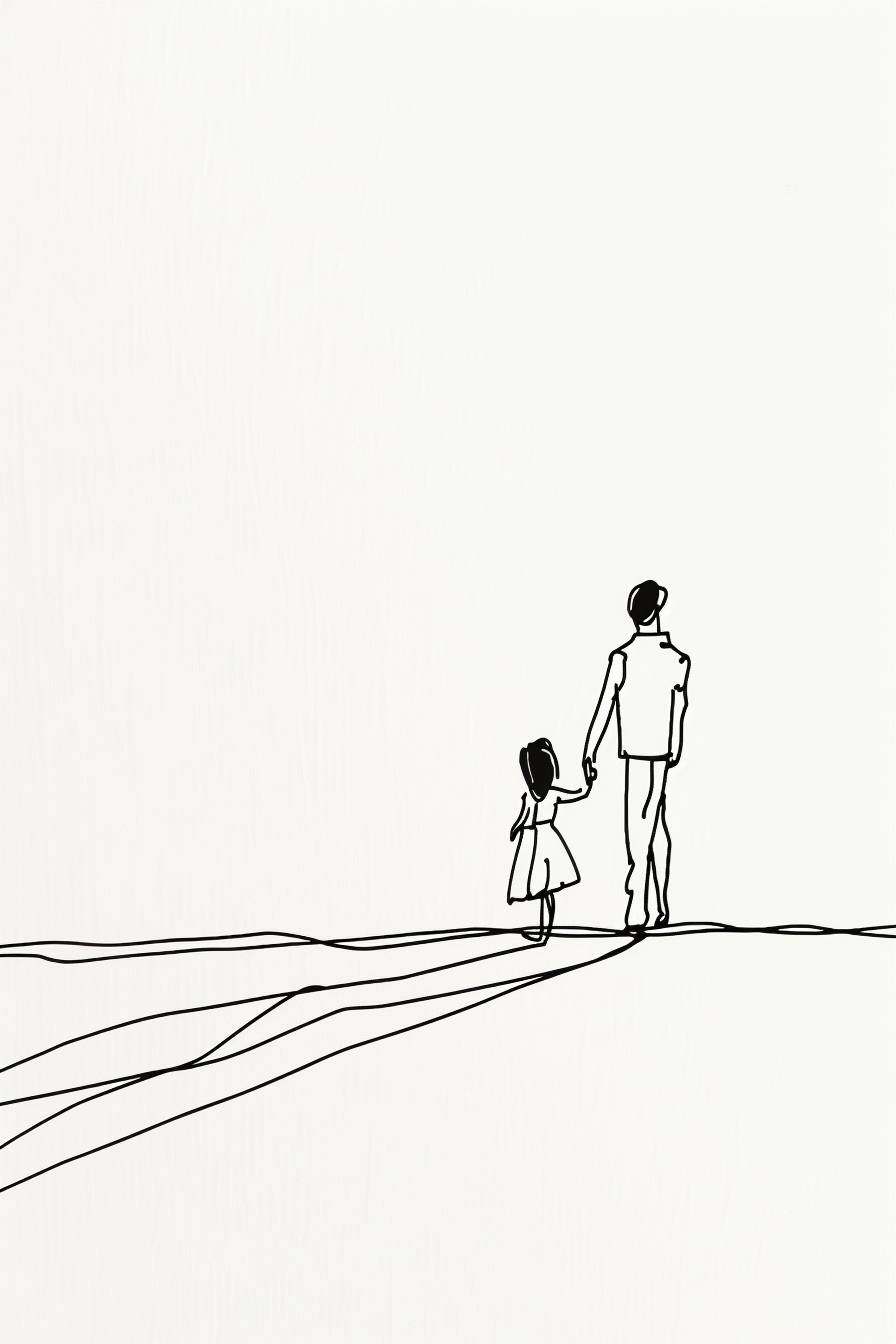 父と娘が手をつないでいるシンプルな一筆書き、単一の連続した黒い線、白い背景