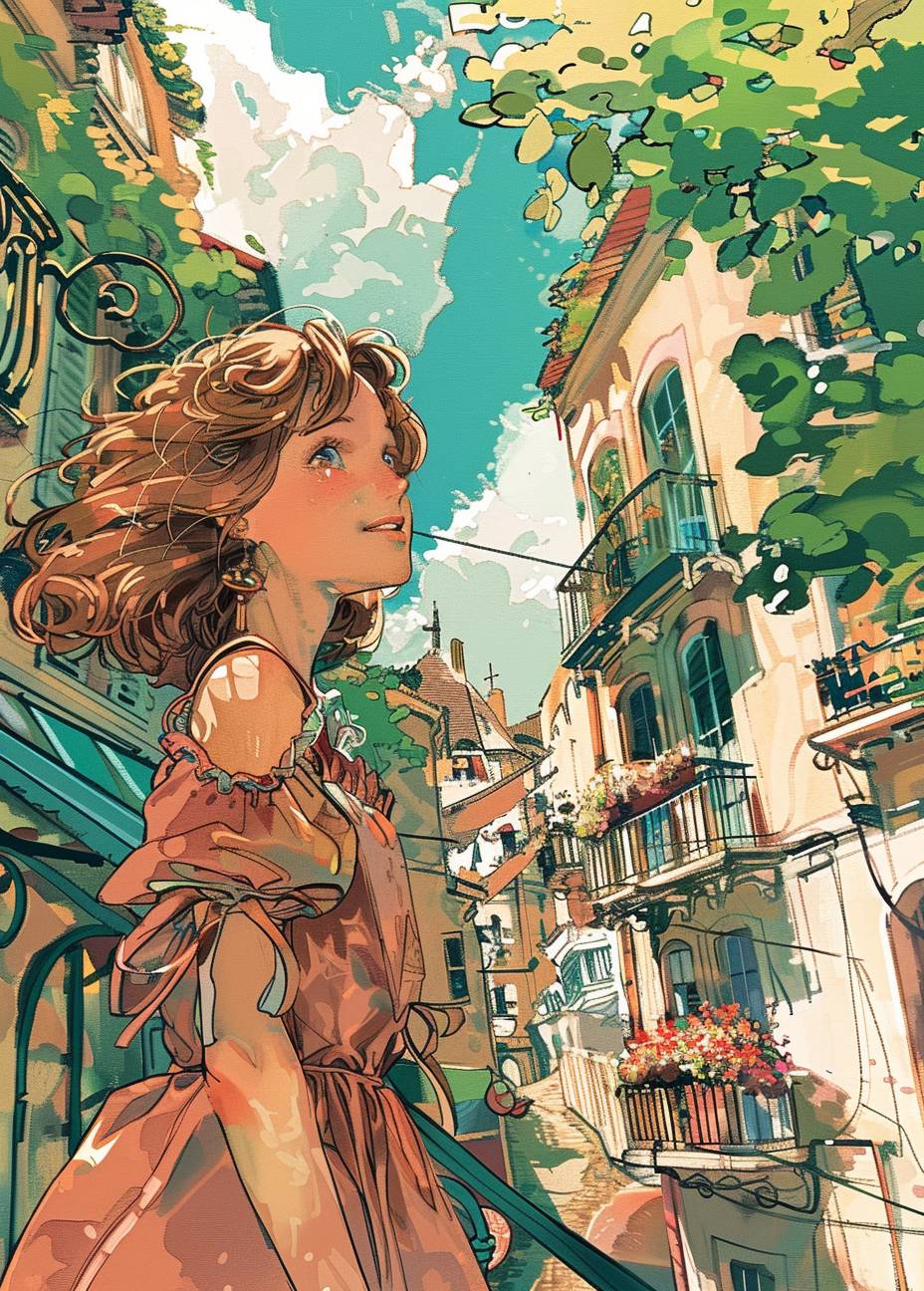 これは夏のヨーロッパの街並みを描いたアルフォンス・ムハ風の絵本の表紙イラストで、少女の日常生活をかわいくカラフルに描いています。