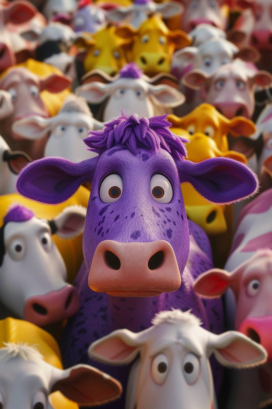 A single purple cow surrounded by a bunch of plain colored cows. Disney Pixar cartoon character, a cute and colorful design, 3D rendering, high resolution, ultra detailed, best quality.