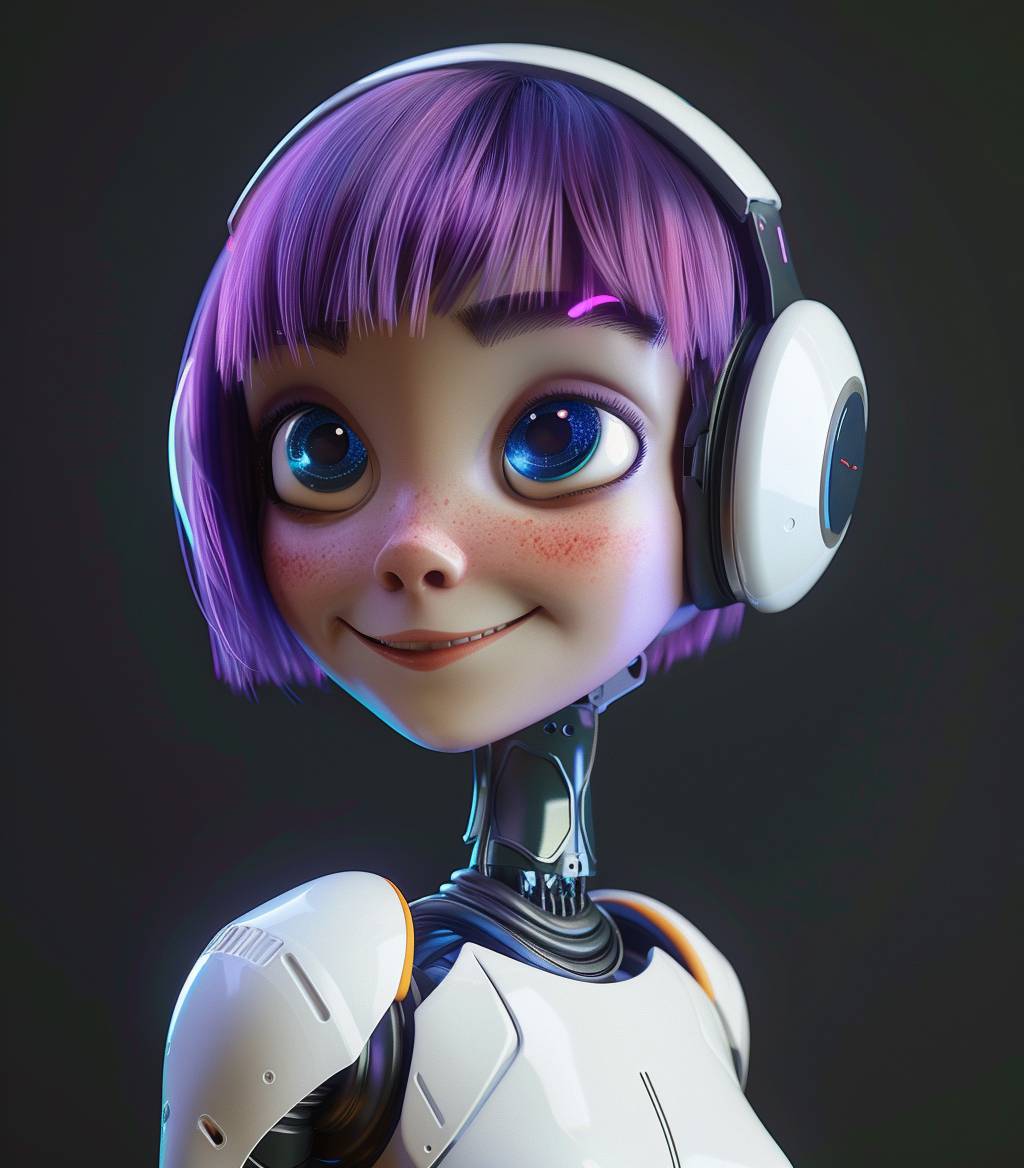 A cute girl avatar with short purple hair, blue eyes, and a smiling face in the style of an AI robot head, wearing white on a black background, in the style of a Disney Pixar cartoon character, a cute and colorful design, 3D rendering, high resolution, ultra detailed, best quality.