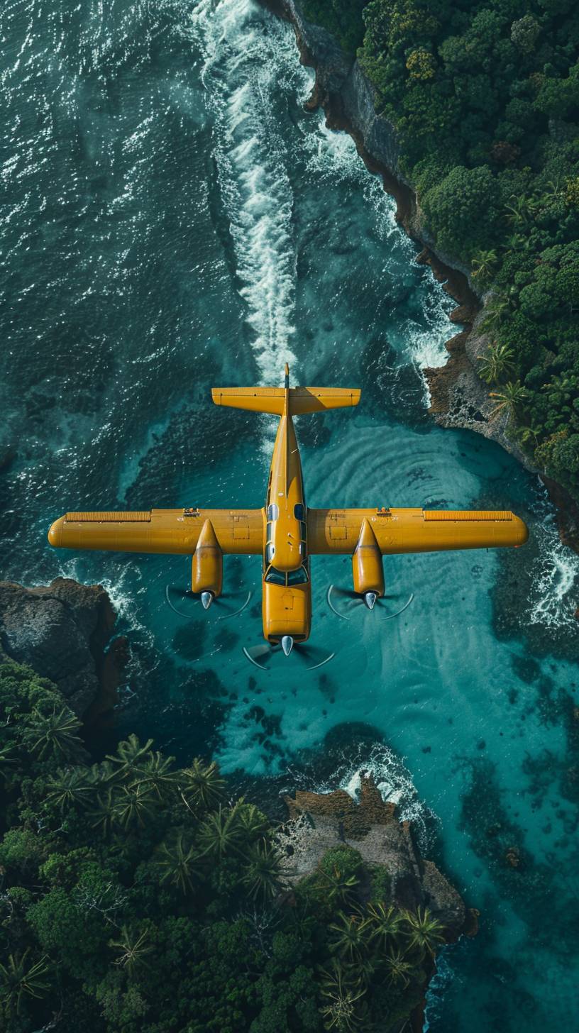 Create an aerial view of a yellow seaplane flying over the Great Cameron Reef, leaving a white contrail against the deep blue ocean. Employ a drone photography style to capture the unique perspective. Integrate surreal elements in the Greatzoan style to add a touch of the extraordinary. Emulate the storytelling and realism of National Geographic photography. Keep the composition minimalist, focusing on the plane, its contrail, and the vastness of the ocean. Use dramatic lighting to enhance the mood and post-process the image to bring out the colors, contrast, and details.