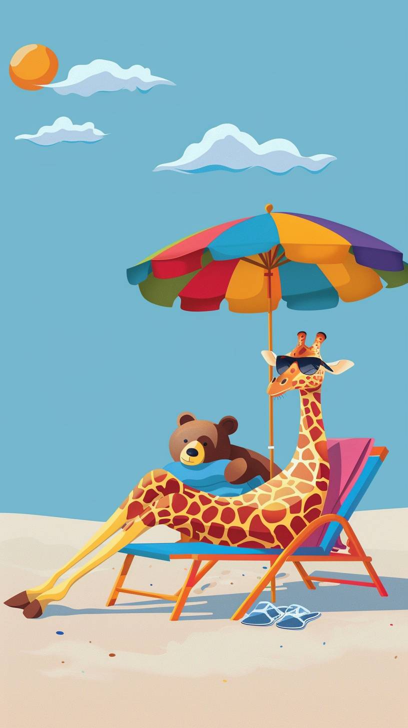 Cartoon style, a giraffe lounging on a beach chair under a colorful umbrella, wearing sunglasses, a bear lying on a towel next to the giraffe, sunny day, clear blue sky, minimalistic background