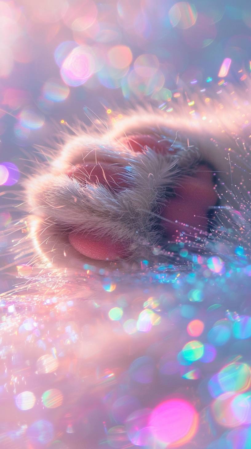 細かいキラキラ、夢見るよう、その中央にふわふわでかわいい猫の足、明るい光、明るい画像、柔らかくてかわいい。