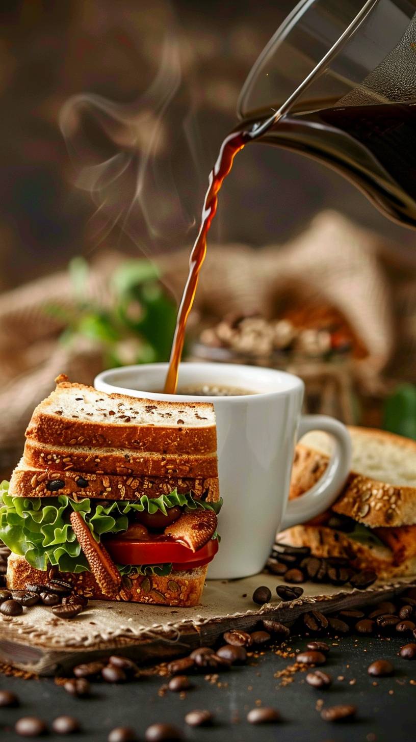 A mug of coffee being poured, surrounded by a few coffee beans and a tasty sandwich.