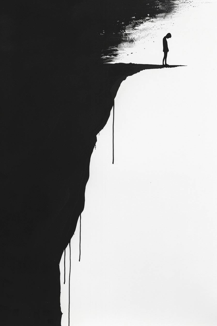 福田茂雄によるミニマリストのインク画で、自己の奥深くに迷い込んだ男性が描かれています。全体的な背景は真っ黒です。
