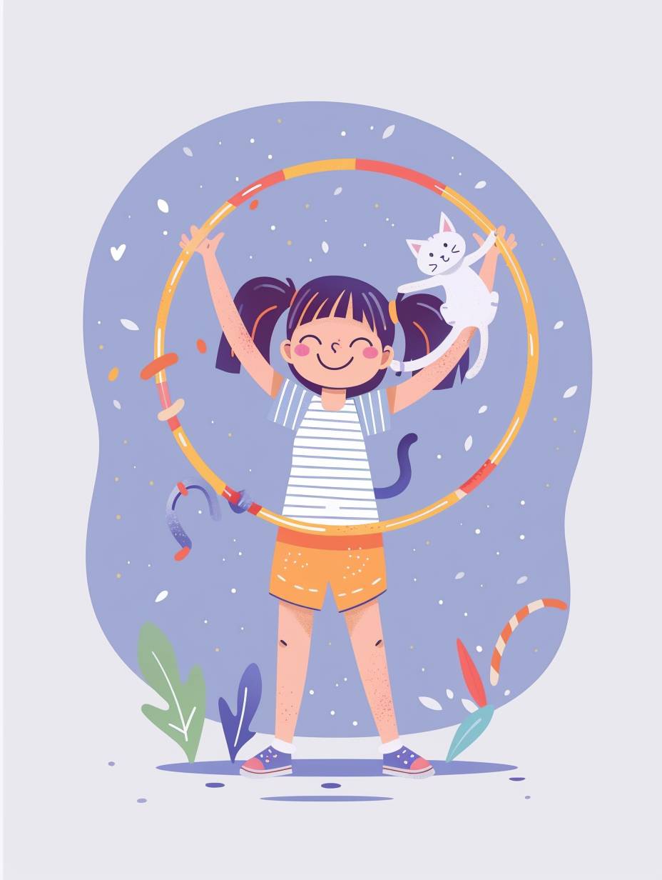 Cute fat girl doing hula hoop with cat on her shoulder, smiling face, light purple background, simple flat illustration style, minimalist graphic design, white and blue color scheme, Asian traditional minimalism, in the style of Ukiyo-e, Colorful, White Background