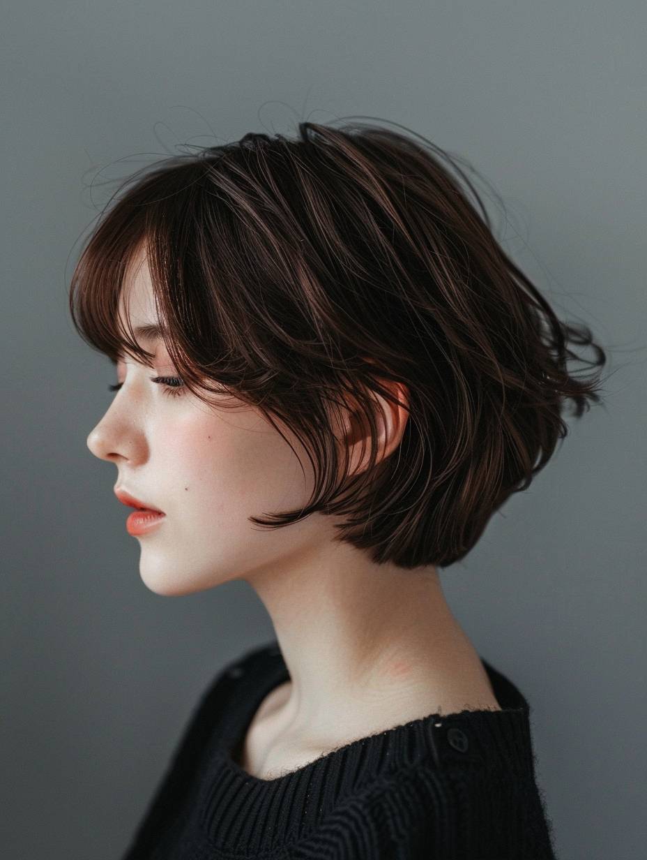 A photo of the back view of hair. She is a lovely 18-year-old Japanese woman. Natural short hair. Light hair color. She is a little prone in profile. Beauty salon type photo. The background is a fashionable beauty salon.