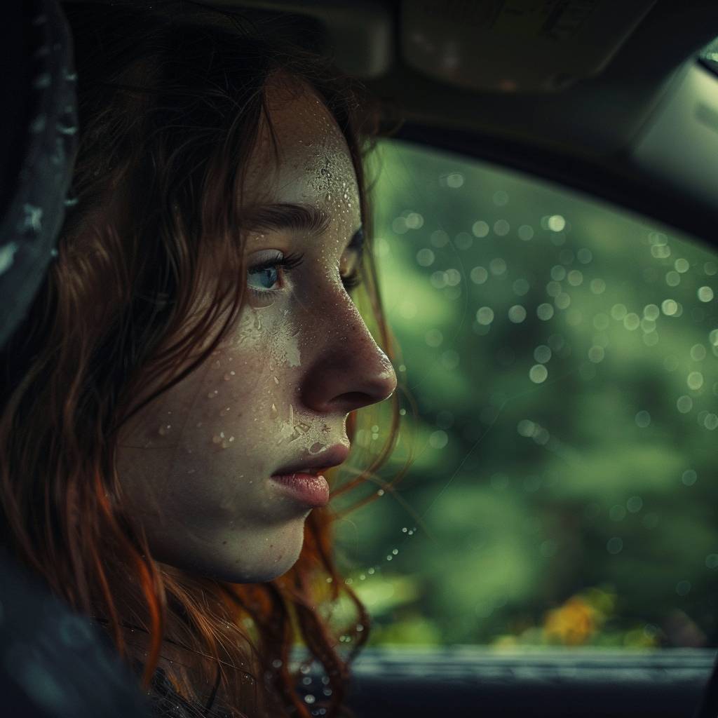 車を運転する若い女性のアップショット、考え深い表情、雨の降った車窓越しにぼんやりとした緑の森が見える。