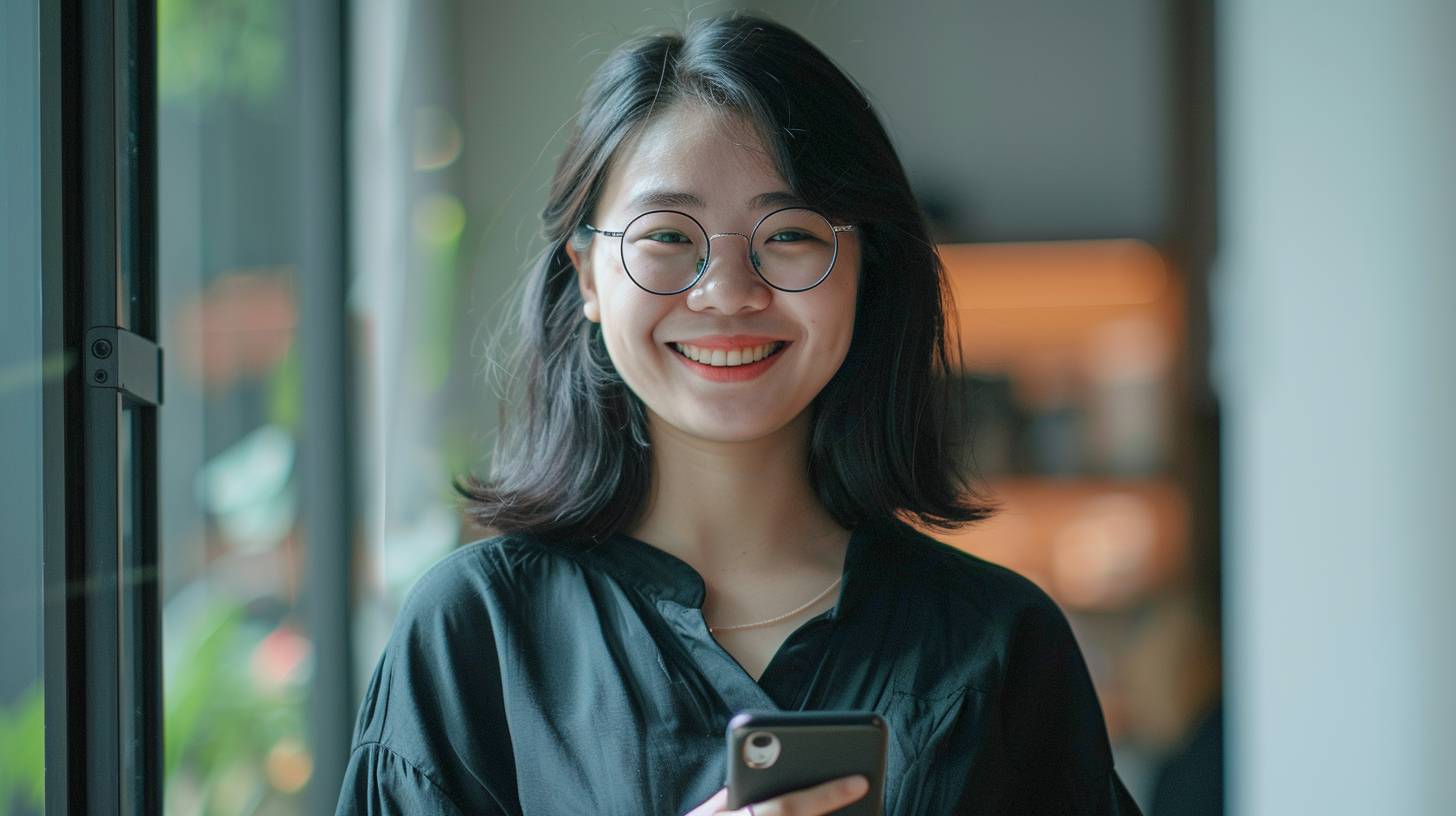 A smiley pretty Asian lady holding her phone, in the style of DBS BANK SINGAPORE, minimalistic