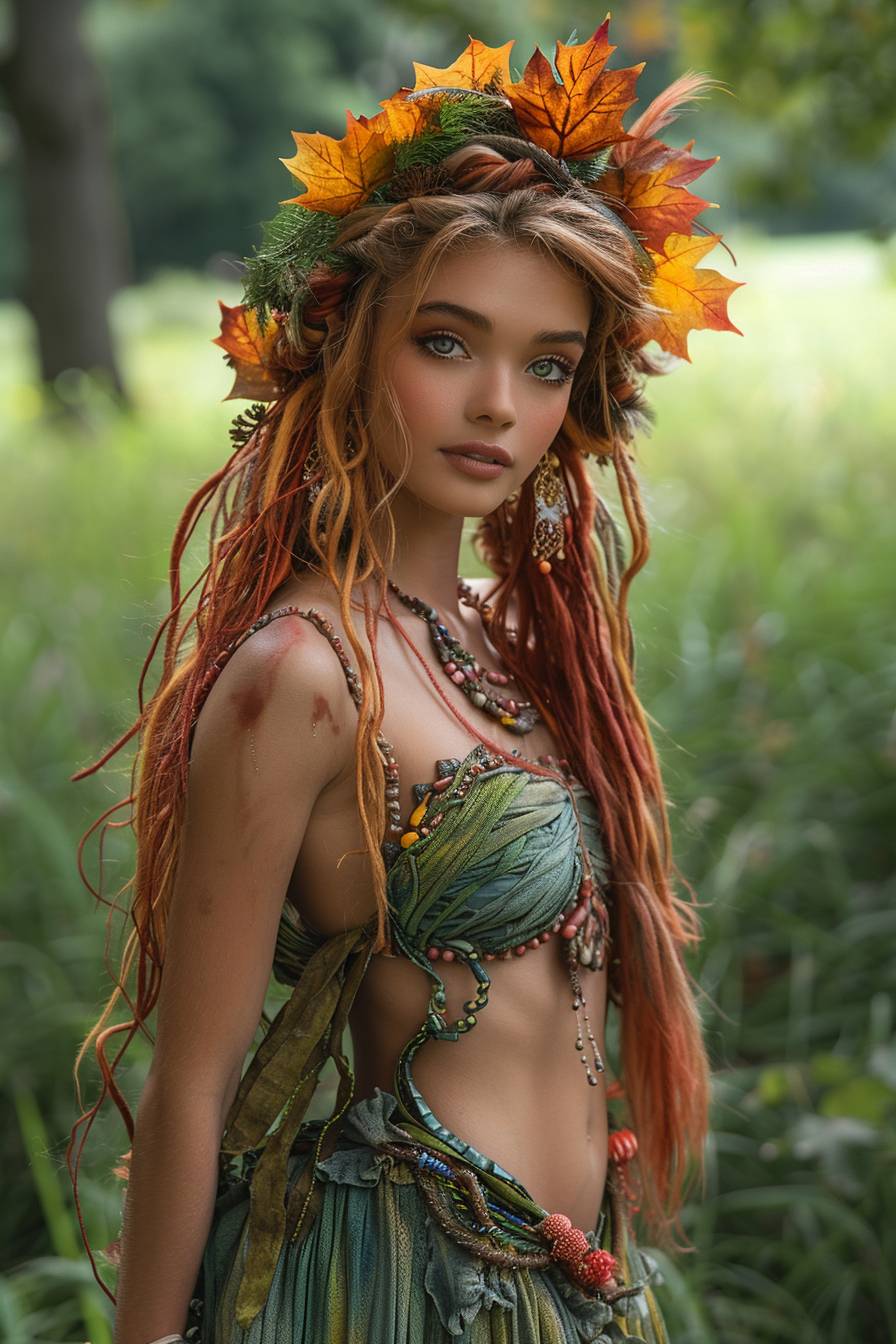 Beautiful crazy jungle woman, has a dress made of maple leafs