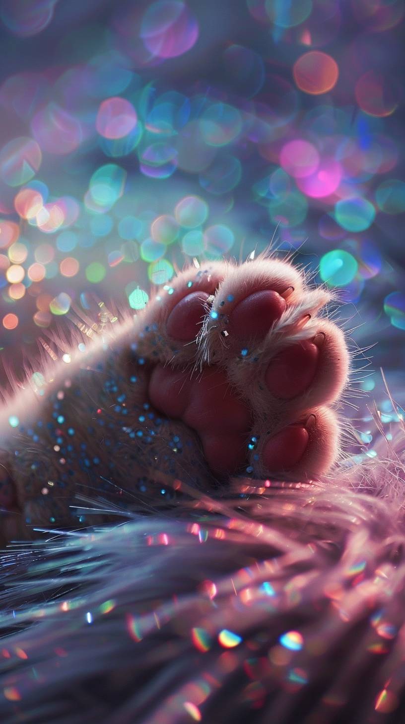 Fine glitter, dreamy, with a furry and cute cat paw in the middle, bright light, bright picture, soft and cute.