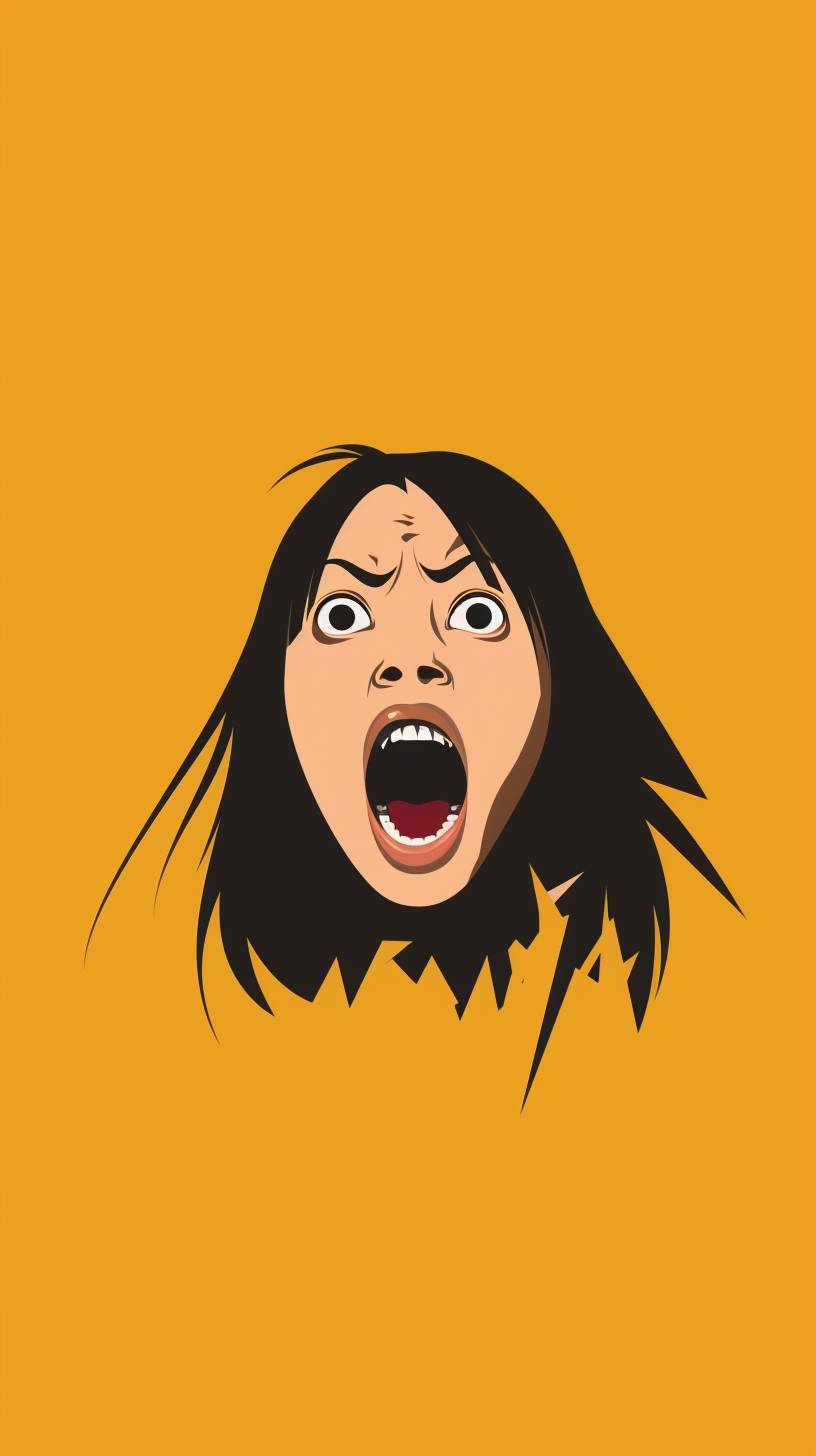 Vector design, flat art, Italian Giallo style, jumpscare scene, girl with black hair screaming at the screen, creepy haunting face,