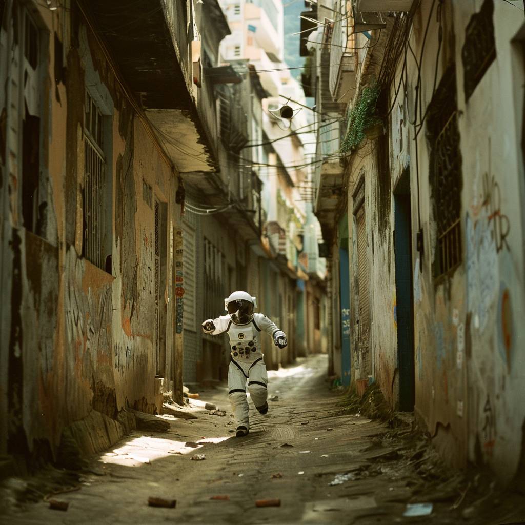 An astronaut running through an alley in Rio de Janeiro.