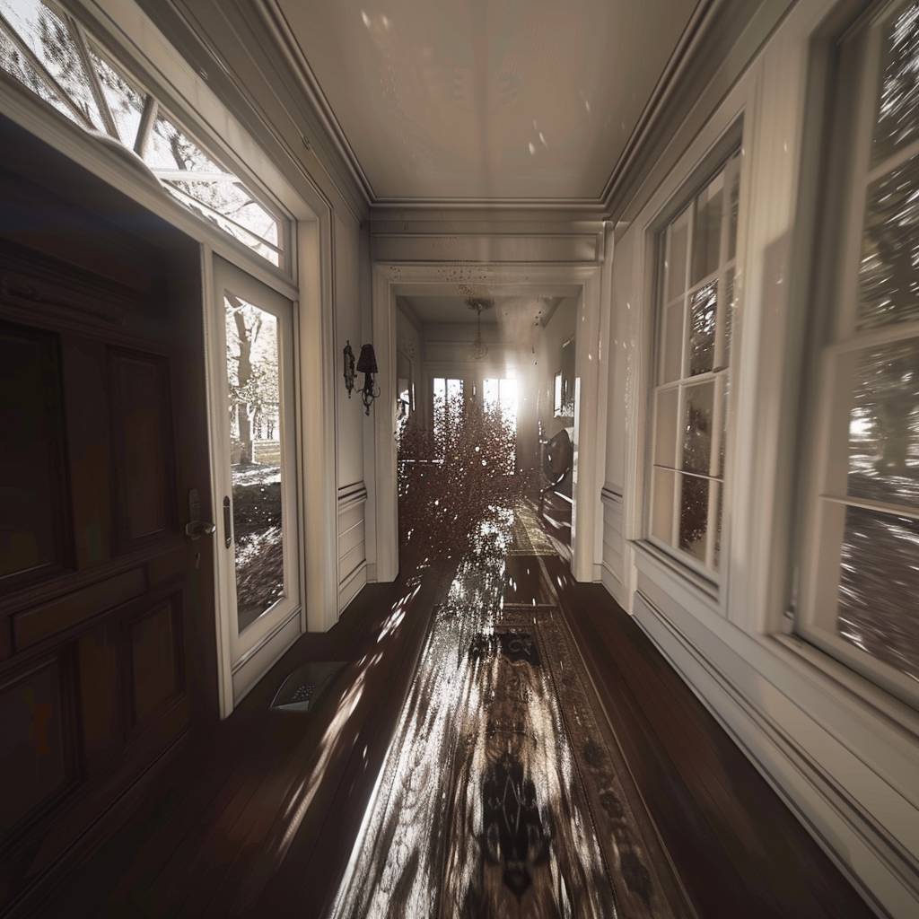 A first-person POV shot rapidly flies towards a house's front door at 10x speed.