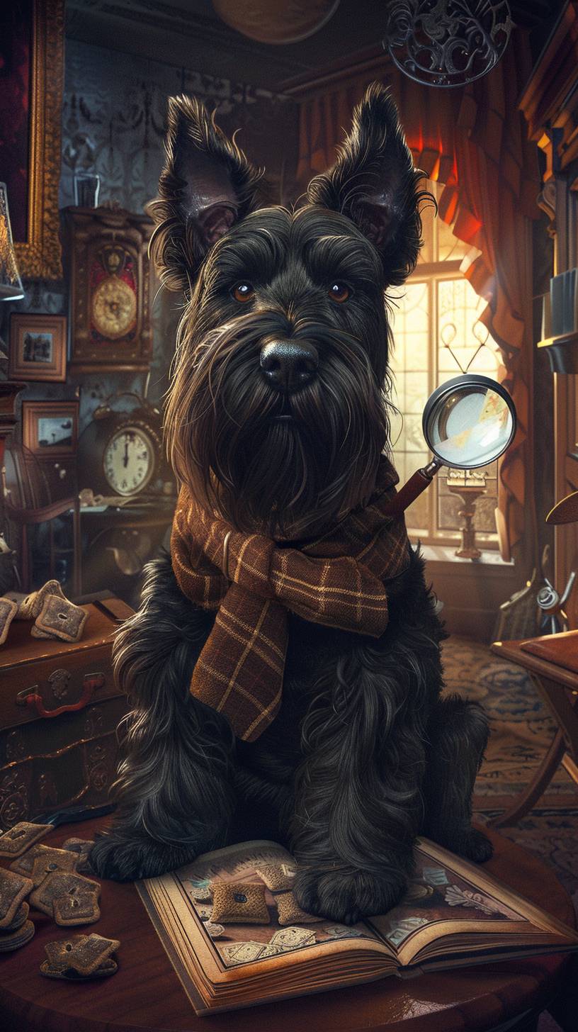 A black Scottie dog dressed as a detective, with a magnifying glass, investigating a case of missing dog treats. The background is a stylized, mystery-themed room with clues scattered around.