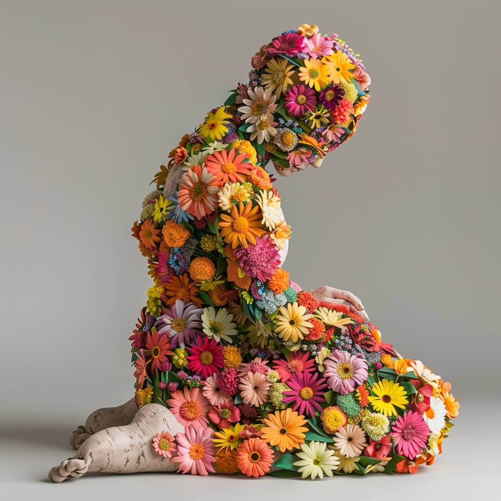 花つぼみだけでできた[主題]の3D彫刻、カラフルな花々が身体を飾り、リアルな花の質感、鮮やかな色彩、高いディテール、ソリッドな背景。