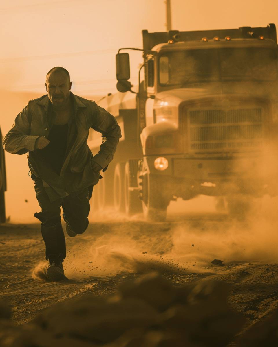 35mm action movie still, photo of Walter White running in the desert chased by futuristic trucks in a Mad Max post-apocalyptic wasteland in the style of Mad Max, low angle, dark atmosphere shot with cinestilll 50d by George Miller --ar 4:5 --s 50 --p yfbxsj7  --v 6.0