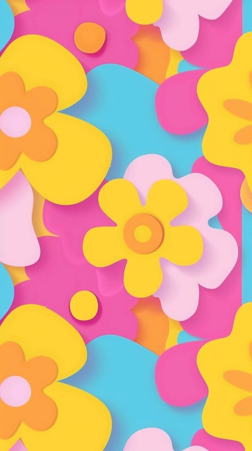 A retro groovy background design in Hot Pink, Lemon Yellow, and Sky Blue colors with flower shape patterns, vector illustration, flat style, simple shapes, 70s feel, symmetrical patterns in the style of 70s feel.