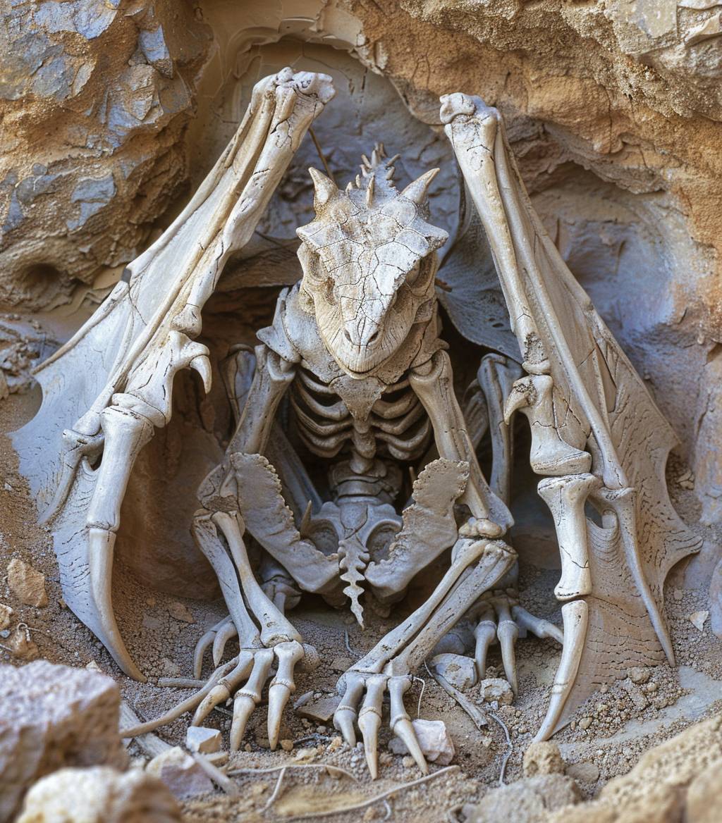 Fossil of a dragon, unearthed in a mystical desert, showcasing a big bones with wing and dragon head style focusing on detailed bone structures, whimsical elements, and imaginative paleontology.