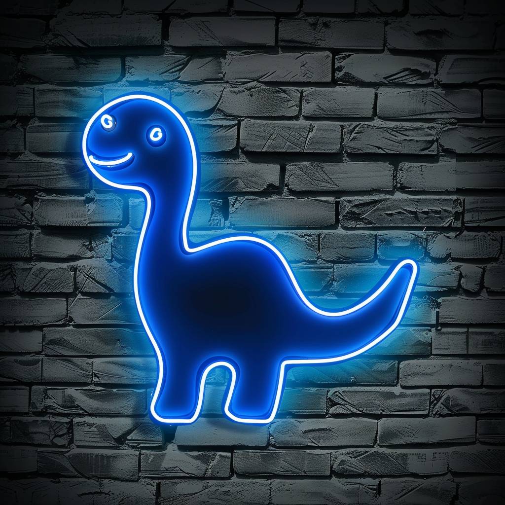 Neon light in the shape of a mini dinosaur outline, blue color light, curved neck, small rounded head, arched back, upward curved tail, and four short legs, grey brick background.