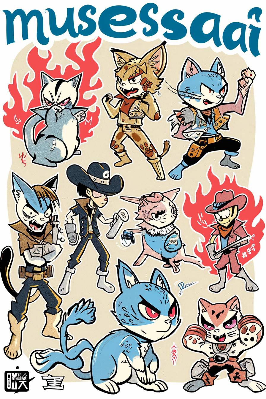 様々なアニメキャラクターが描かれたシールシート、「musesai」というテキストがオリジナルに。最初のキャラクターは擬人化猫、2番目は頭に赤い炎があり牛仔を着ている、3番目は青い煙をまとっており、白手袋を着用して、4番目のキャラクターはピンクの鎧を胸の前に着用している。デザインはPeter Baggeのスタイルに基づいています--ar 2:3  --v 6.0