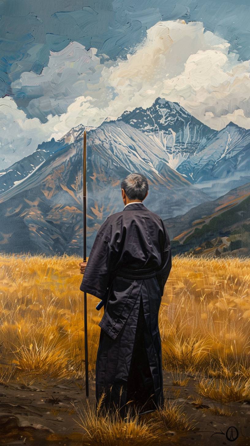 棒を持ち、山々の地平線を見つめる日本の達人武士先生が、野原に立っています。ハイパーリアリスティックな油絵スタイル