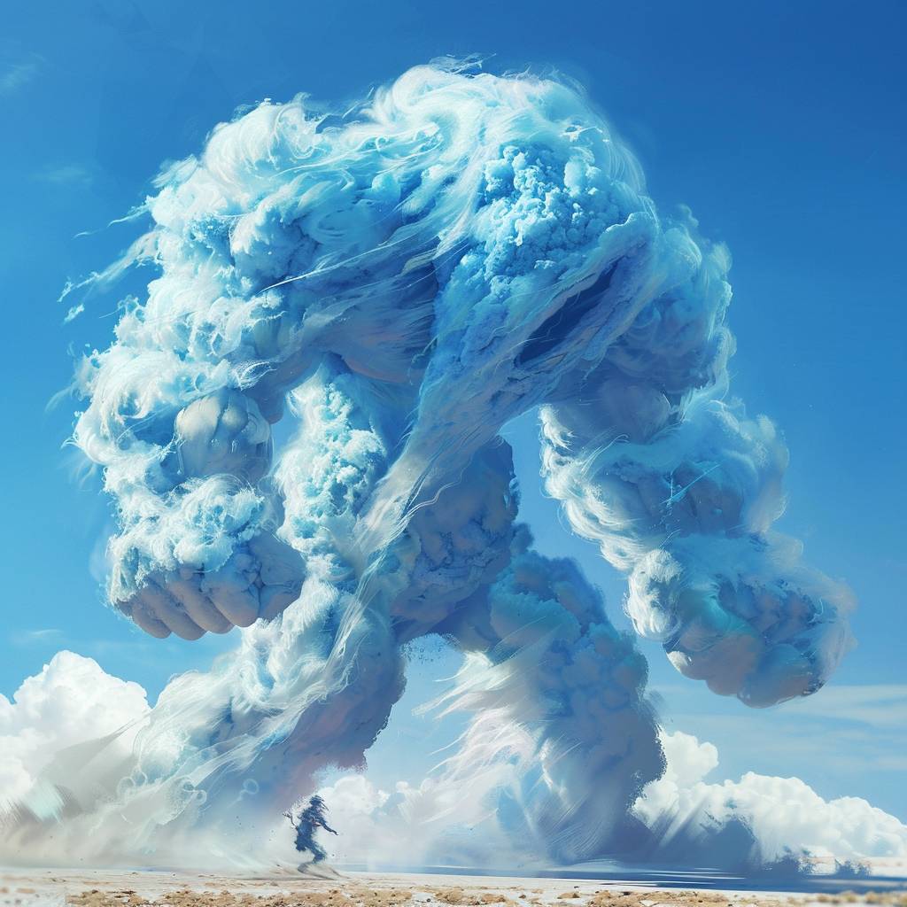 A giant humanoid, made of fluffy blue cotton candy, stomping on the ground, and roaring to the sky, clear blue sky behind them.