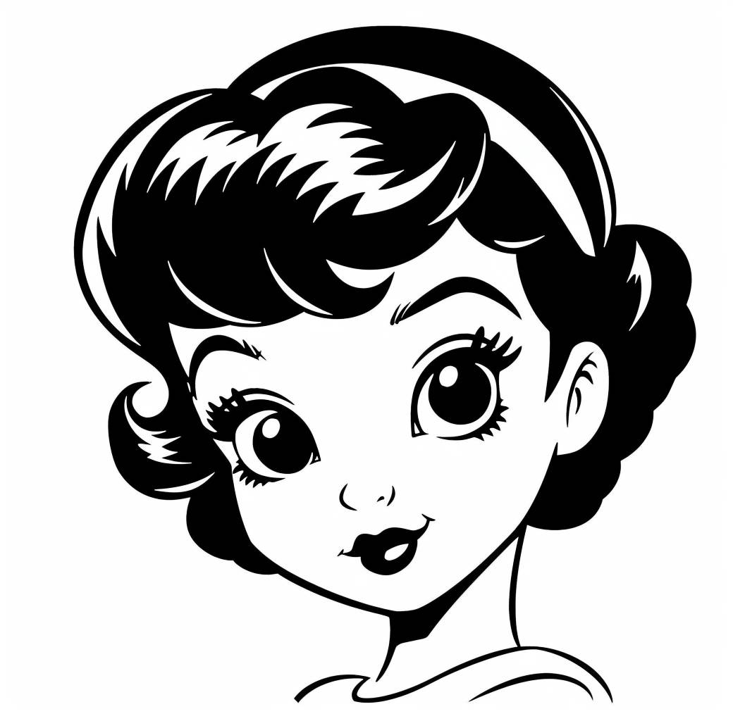 ベティ・ブープのかわいい白黒の線画イラスト、クリップアートのスタイルで、無地の背景に。