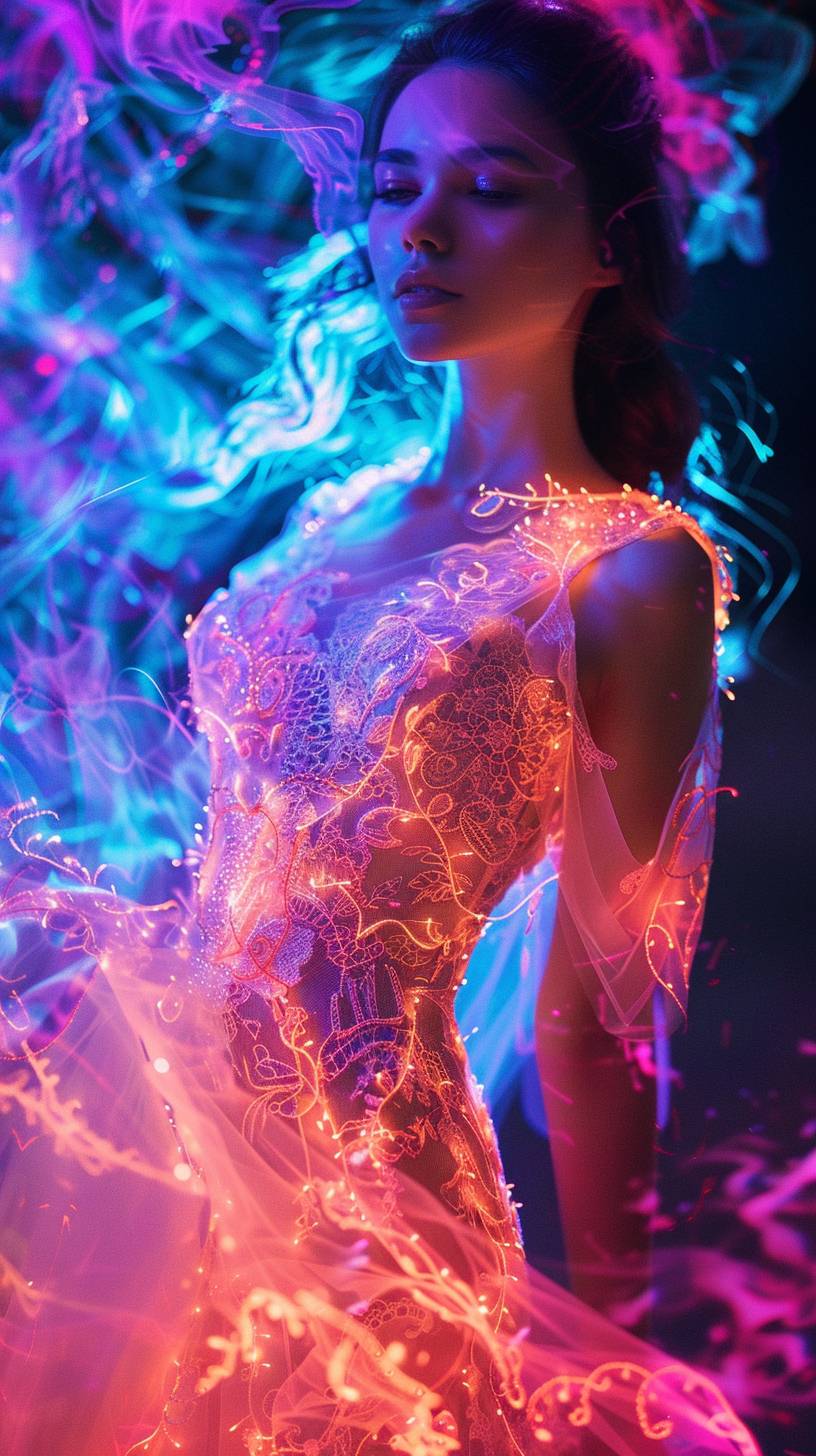 A young, stunning woman in an intricate gown of delicate lacework, glowing in bold, electric colors of neon.