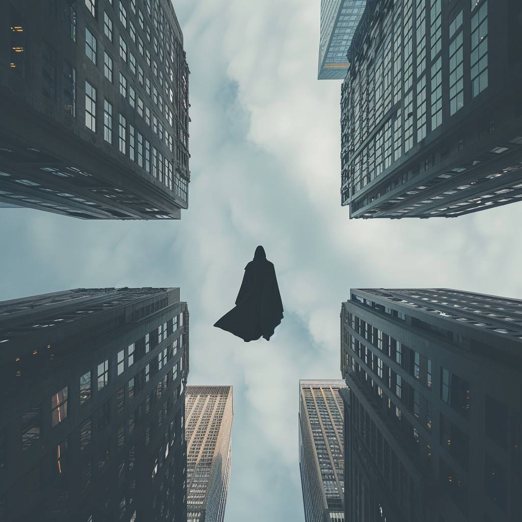 Aerial view shot of a cloaked figure elevating in the sky between skyscrapers.
