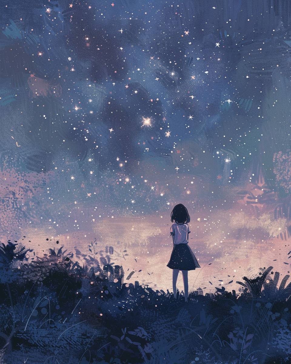 星空を見上げる寂しい少女、日本のイラストレーションスタイル、低彩度