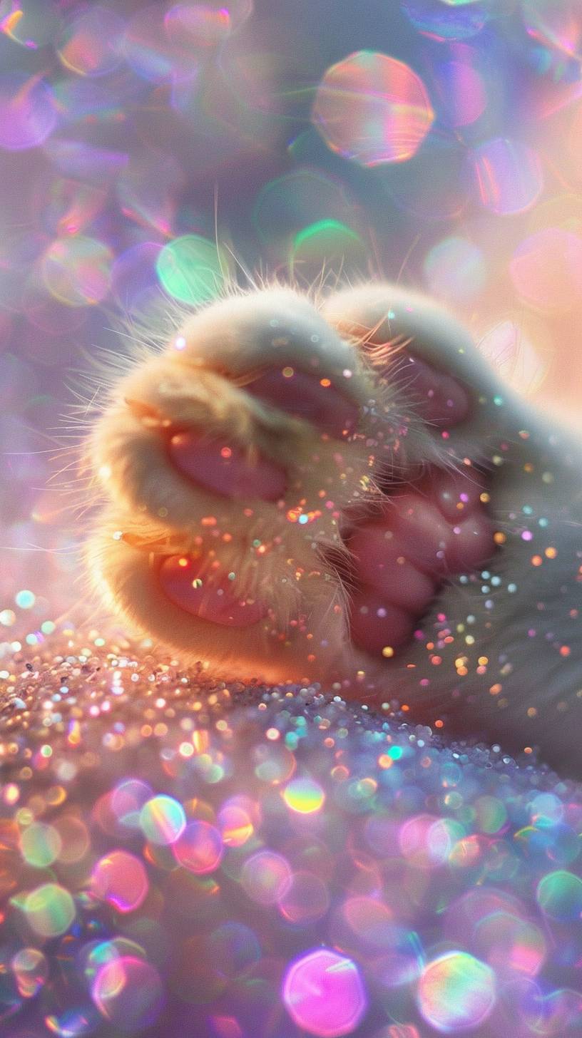 Fine glitter, dreamy, with a furry and cute cat paw in the middle, bright light, bright picture, soft and cute.