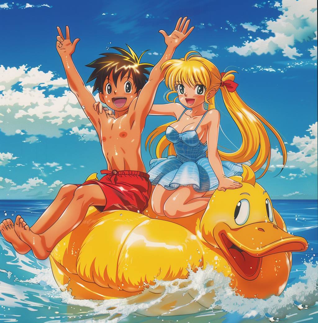 The background is the beach, and there is some water splashing around. A blonde girl with pigtails in blue sits on top of an oversized duck toy that has yellow feathers. The little man wearing red shorts waves his hands happily as he floats beside her. In the style of retro Japanese anime, colorful, 90s cartoon.