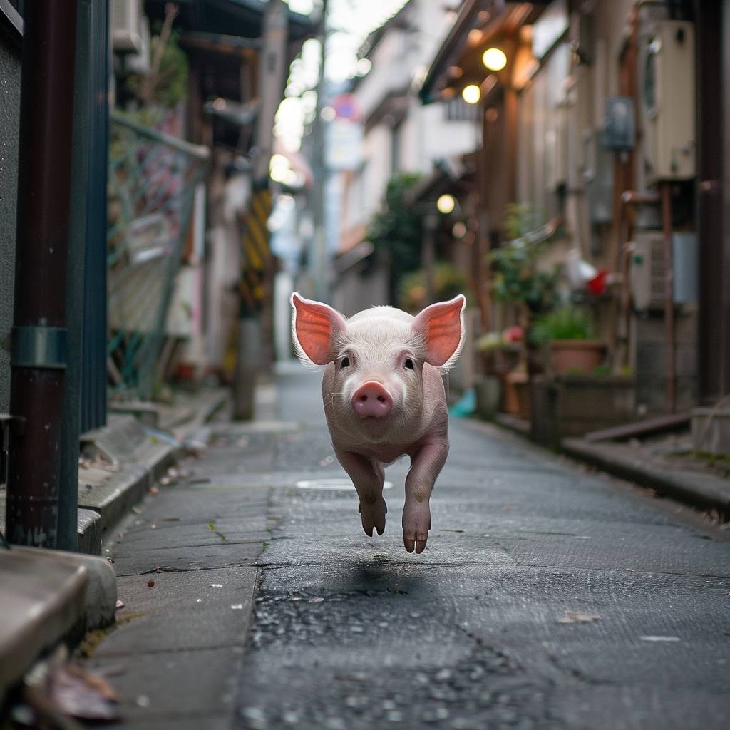 東京の路地でカメラに向かって速く走るピンクのブタ。